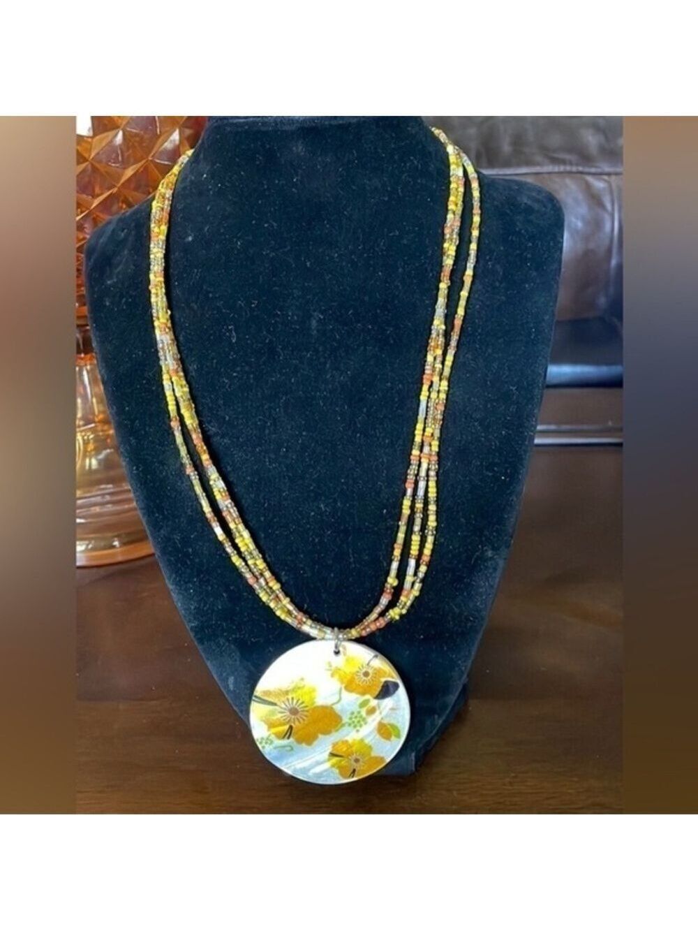 Yellow and orange seed bead and shell pendant necklace